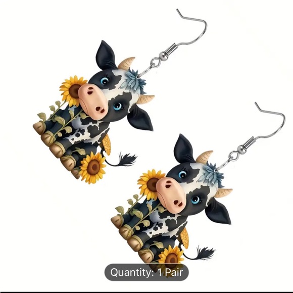 Cow and Sunflower Arylic Dangle Earrings - Picture 5 of 6